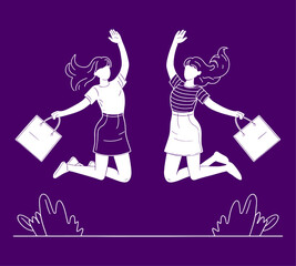 Two girls jumping with shopping bags and giving high five. A clean and modern flat design illustration.