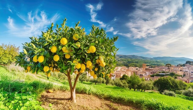 Zitronenbaum mit reifen Fr&uuml;chten in einer mediteranen Landschaft