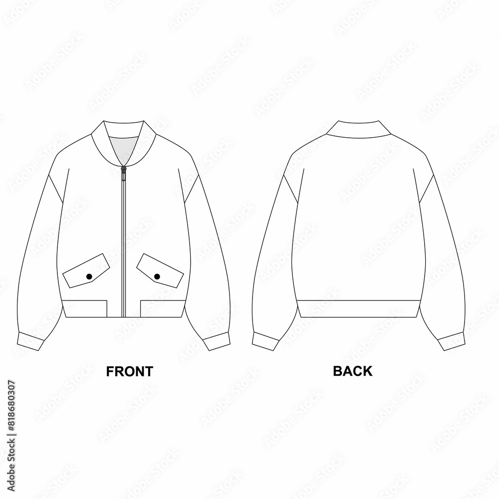 Wall mural technical drawing of a basic jacket with pockets and zipper. sketch of bomber jacket front and back  - Wall murals