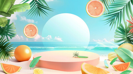 3D podium, podium model, stage or platform With copy space for product presentation on beach with blue sky, summer tropical background.