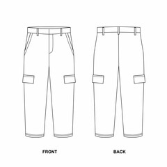 Technical drawing of simple pants with pockets, front and back view. Template of fashionable cargo pants with pockets on the sides. 