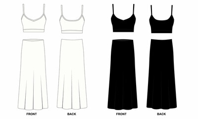 Set of illustrations of a women's clothing set of maxi skirt and short strappy top-bra. Drawing of long women's skirt front and back view. Drawing of short top front and back view.