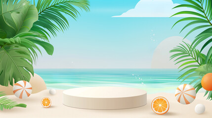 Fototapeta premium 3D podium, podium model, stage or platform With copy space for product presentation on beach with blue sky, summer tropical background.