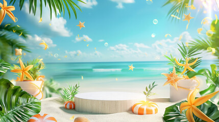 Obraz premium 3D podium, podium model, stage or platform With copy space for product presentation on beach with blue sky, summer tropical background.