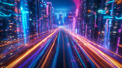 Fototapeta na wymiar 3D futuristic cyberpunk city with blue and pink light trails. Create a sci-fi night city with skyscrapers in the background, night life, technology networks, billboards.