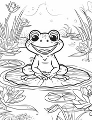 Coloring book page designed for children, featuring a cheerful cartoon frog sitting on a lily pad, with a wide grin. The playful and simple design has minimal details for easy coloring