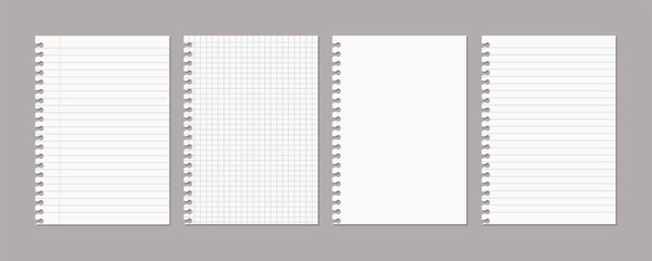 Set of vector realistic illustrations of a torn sheet of paper from a workbook with shadow isolated