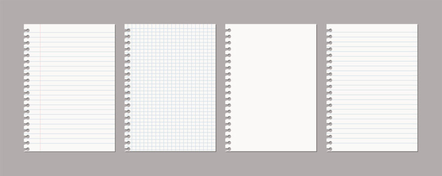 Set of vector realistic illustrations of a torn sheet of paper from a workbook with shadow isolated