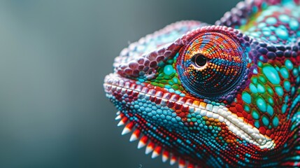 Close up photography of vividly colored chameleon against pristine white backdrop