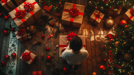 illustration of from above crop person standing near table and preparing boxes with red ribbons, christmas ball and stairs on table during christmas celebration at home
