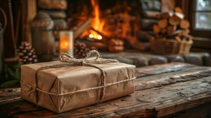Delivery package on a rustic wooden table in a cozy cabin, with a fireplace crackling in the background