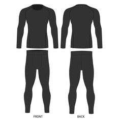 Illustration of a set of men's underwear, front and back view. Illustration of rashguard and workout pants for sports. Drawing of longsleeve and men's athletic leggings in gray color.