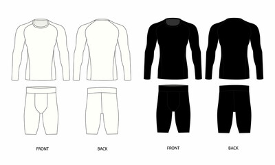 Technical drawing of men's underwear, front and back view. Set of drawings for men's T-shirt and boxer briefs. Set of longsleeve and cycling shorts for men.
