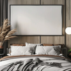 Modern bedroom with bed and empty painting. Great for mock up.	