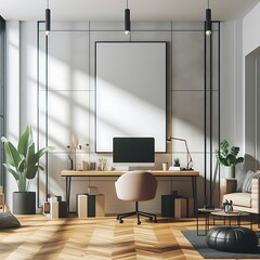 A Room with a mockup poster empty white and with a computer desk in office chair and chair and a large picture frame realistic design card used for printing realistic.