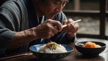 Asian men eat using chopsticks