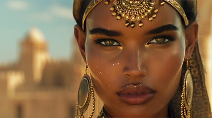 Portrait of a Queen from a Middle Eastern kingdom with gold jewellry, 
against the background of a desert and a palace.
