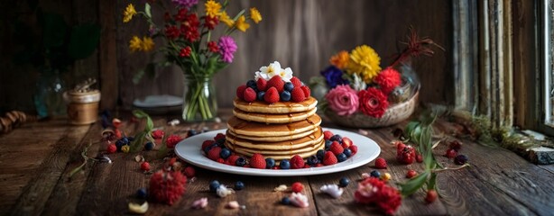 Naklejka premium A stack of pancakes with berries on top of a white plate