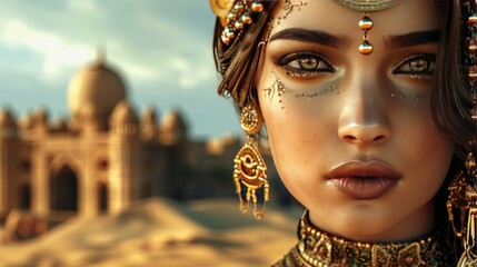 Portrait of a Queen from a Middle Eastern kingdom with gold jewellry, 
against the background of a desert and a palace.
