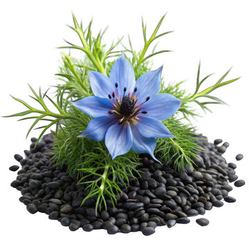 black cumin seeds with nigella sativa flower on transparent background