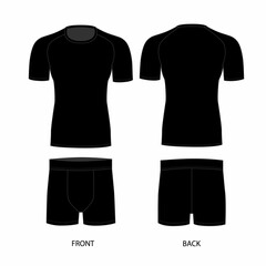 Naklejka premium Technical drawing of men's underwear, front and back view. Set of drawings for men's T-shirt and boxer briefs in black color.
