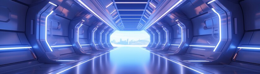 Futuristic spaceship corridor with illuminated walls