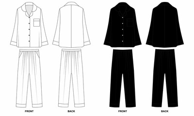 Set of illustrations of basic pajamas front and back view. Technical drawing of long sleeve shirt and elastic band pants, isolate on white background. Sketch of sleepwear, white and black colors.