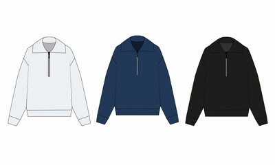 Technical drawing of a simple sweater with zipper closure and collar. Set of zip-up longsleeves in white, blue, black. Image of polo with dinny sleeve and zipper, isolate on white background.