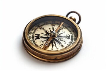 Vintage brass compass isolated on white background, showing direction with detailed orientation markings. A symbol of navigation and adventure.