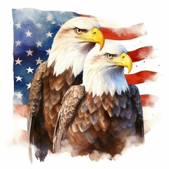 Obraz premium Bald eagles with patriotic backgrounds, watercolor illustration, Perfect for nursery art, simple clipart, single object, white color background.