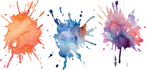 Set of colorful watercolor splashes depicting large, bold splatters with contrasting colors, creating a dramatic and eye-catching design, watercolor style, white background, illust