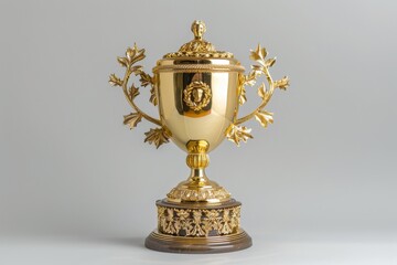 A luxurious, ornate gold trophy against a plain background, perfect for representing achievement, victory, or excellence.