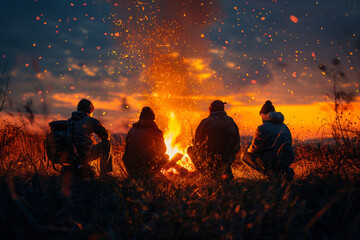Fototapeta premium Friends relax around a blazing campfire at night, warming glow in nature's embrace.
