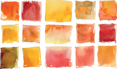 Set of colorful watercolor swatches featuring squares and rectangles in rich, warm tones of orange and gold, watercolor style, white background, illustrations