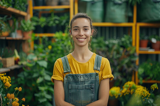 In the greenhouse shop, a smiling woman tends to plants, embodying happiness in her work. - Powered by Adobe