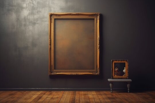 Old big brown frame in interior and small brown frame on chair. 