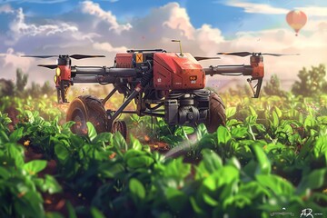 Efficient drone technology in smart farming enhances modern agricultural cultivation, green environments, precision crop health monitoring, and advanced vector illustrations.