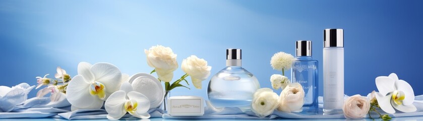 Elegant skincare products with flowers on a blue backdrop