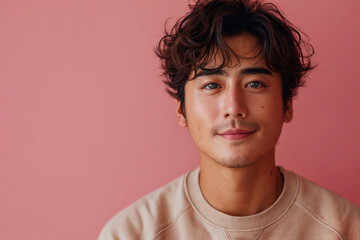 Fototapeta premium Young asian curly haired man in pink sweatshirt in front of pink wall with slight smile, copy space