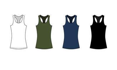 A collection of simple, basic sleeveless, isolate t-shirts on a white background. Set of t-shirt designs in white, blue, green and black colors. 