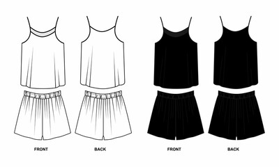 Sketch of women's leisure wear, front and back view. Model of pajamas consisting of a top with thin straps and shorts with elastic band. Illustration of strappy top and short shorts in black and white
