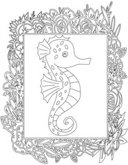 Seahorse in A Floral Frame Coloring Page. Printable Coloring Worksheet for Kids. Educational Resources for School and Preschool.
