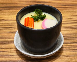 Steamed eggs in a Japanese-style black ceramic bowl on a wooden table