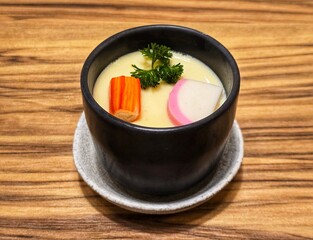 Steamed eggs in a Japanese-style black ceramic bowl on a wooden table