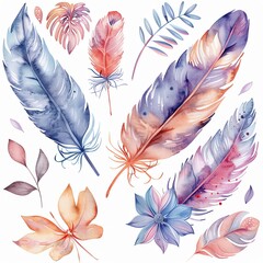 A beautiful watercolor painting of feathers and flowers
