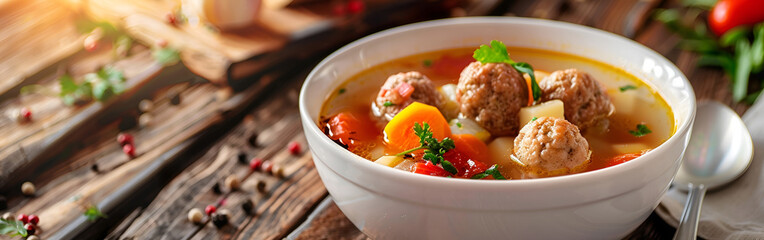 Top view tasty meatballs soup with greens and pepper on dark table sauce dish color
