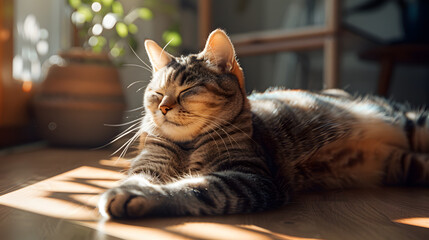 A fat tabby cat sits on the floor. The cat is sleeping, with a cozy expression, and it hides its paw pads in a calm mood. Adorable Pet photo .