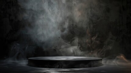 Podium black dark smoke background product platform abstract stage texture fog spotlight. Dark black floor podium dramatic empty night room table concrete wall scene place display studio smoky dust