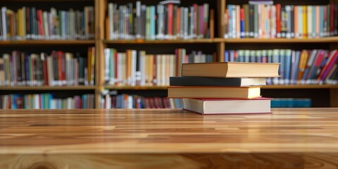 back to school concept. stack of books over wooden desk in front of library.