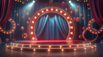 Circus stage podium background 3D carnival light red show curtain. Circus platform stage podium...